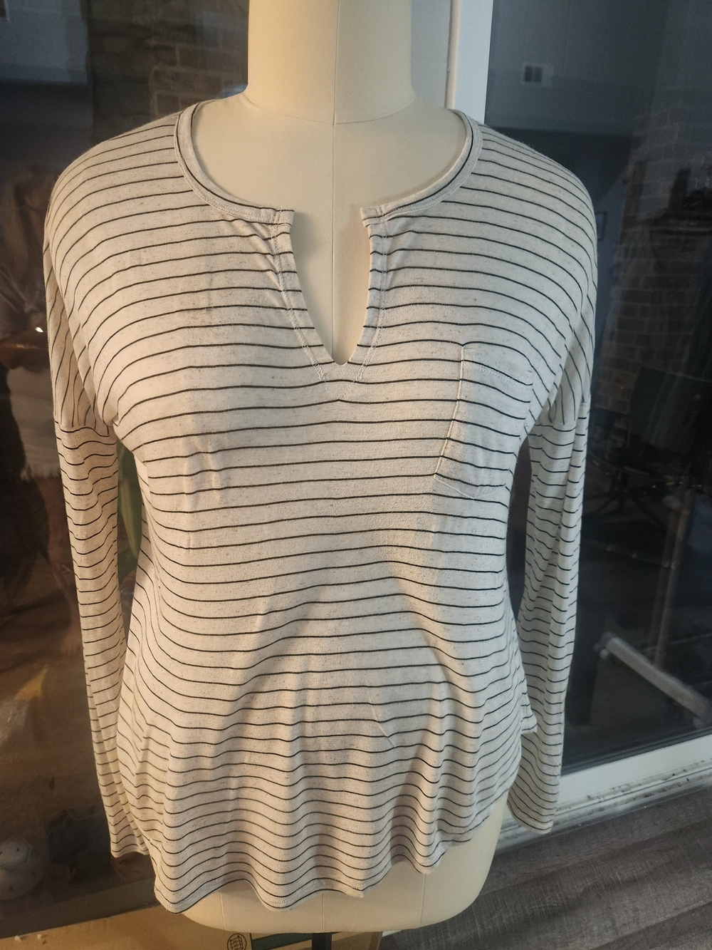 bp Stripe Notch-Neck Long Sleeve Top in White and Black